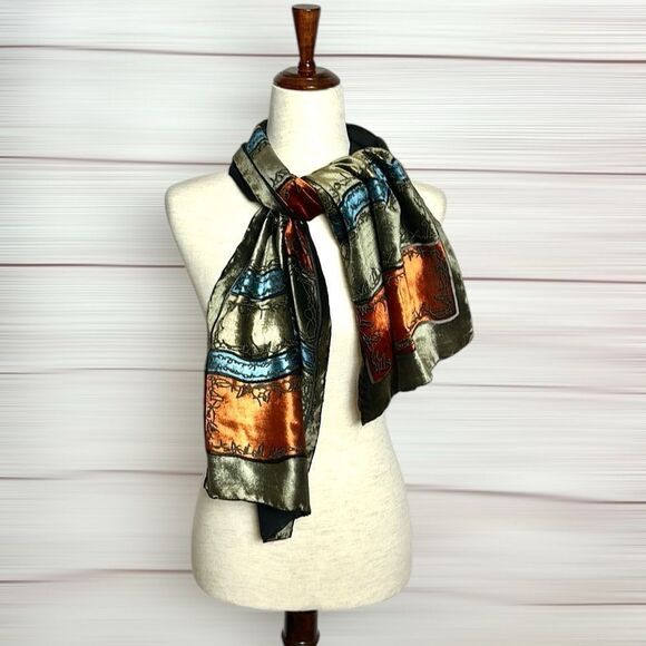 Silk Velvet Oblong Scarf Embroidered Burnt Orange Olive Green Black Lining - Picture 5 of 10